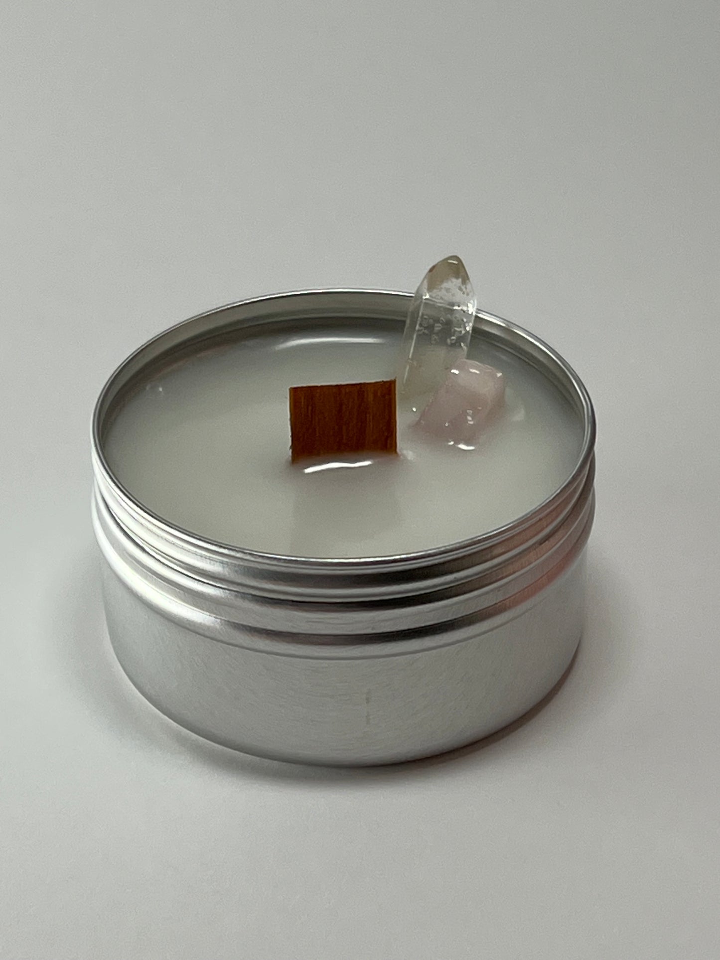 Mini Luxe Tin | 1 oz - Scent No. 4 | Nutmeg Noir | Silver | Clear Quartz + Rose Quartz