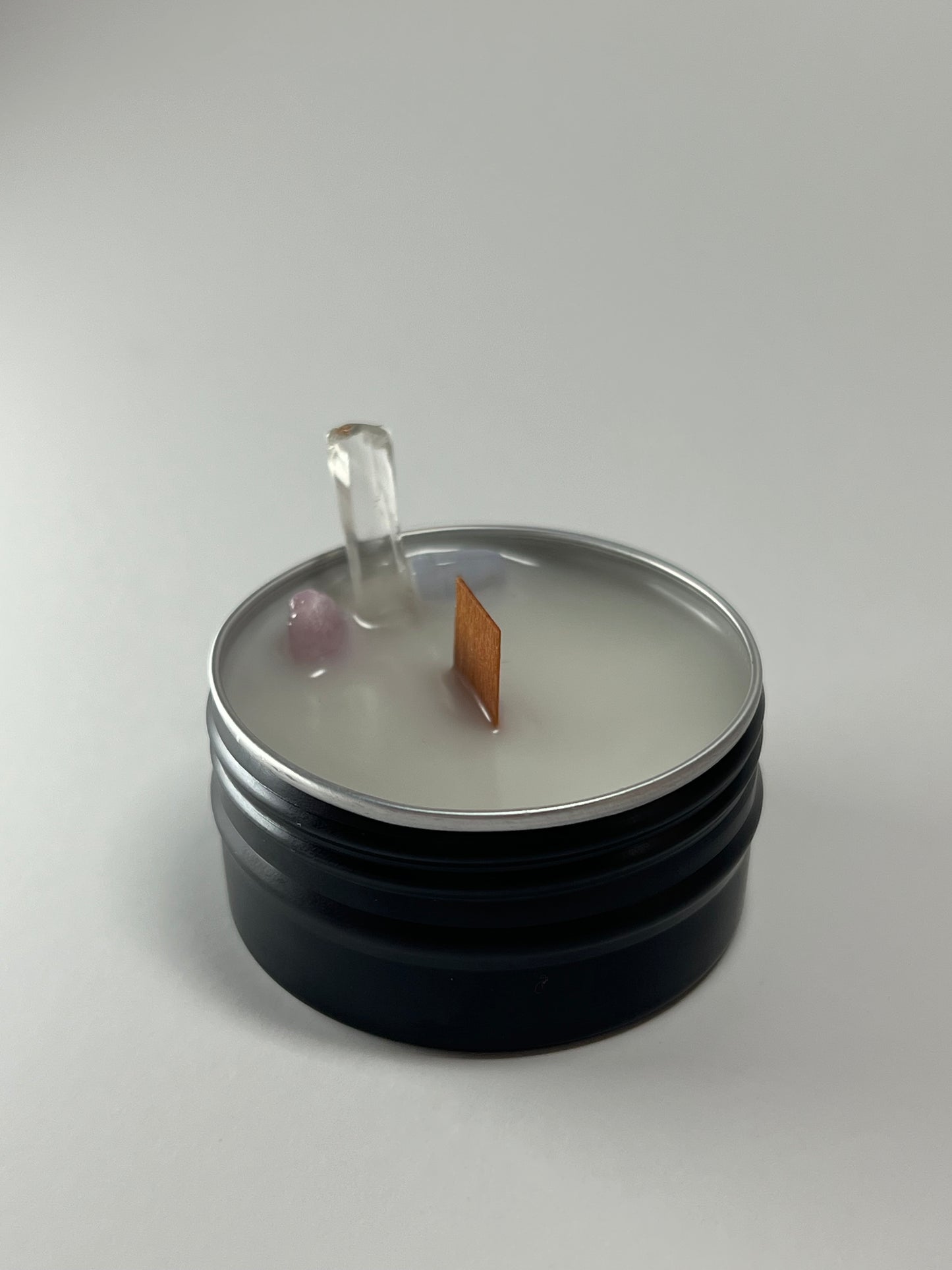 Mini Luxe Tin | 1 oz - Scent No. 4 | Nutmeg Noir | Black | Clear Quartz + Rose Quartz + Blue Lace Agate
