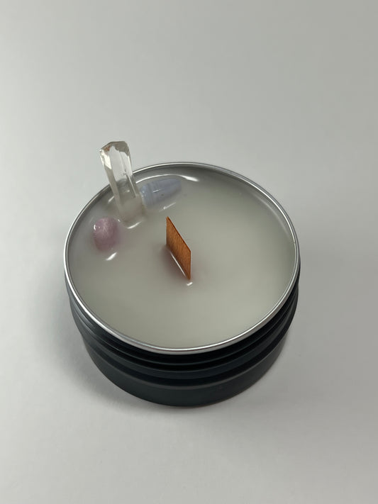 Mini Luxe Tin | 1 oz - Scent No. 4 | Nutmeg Noir | Black | Clear Quartz + Rose Quartz + Blue Lace Agate