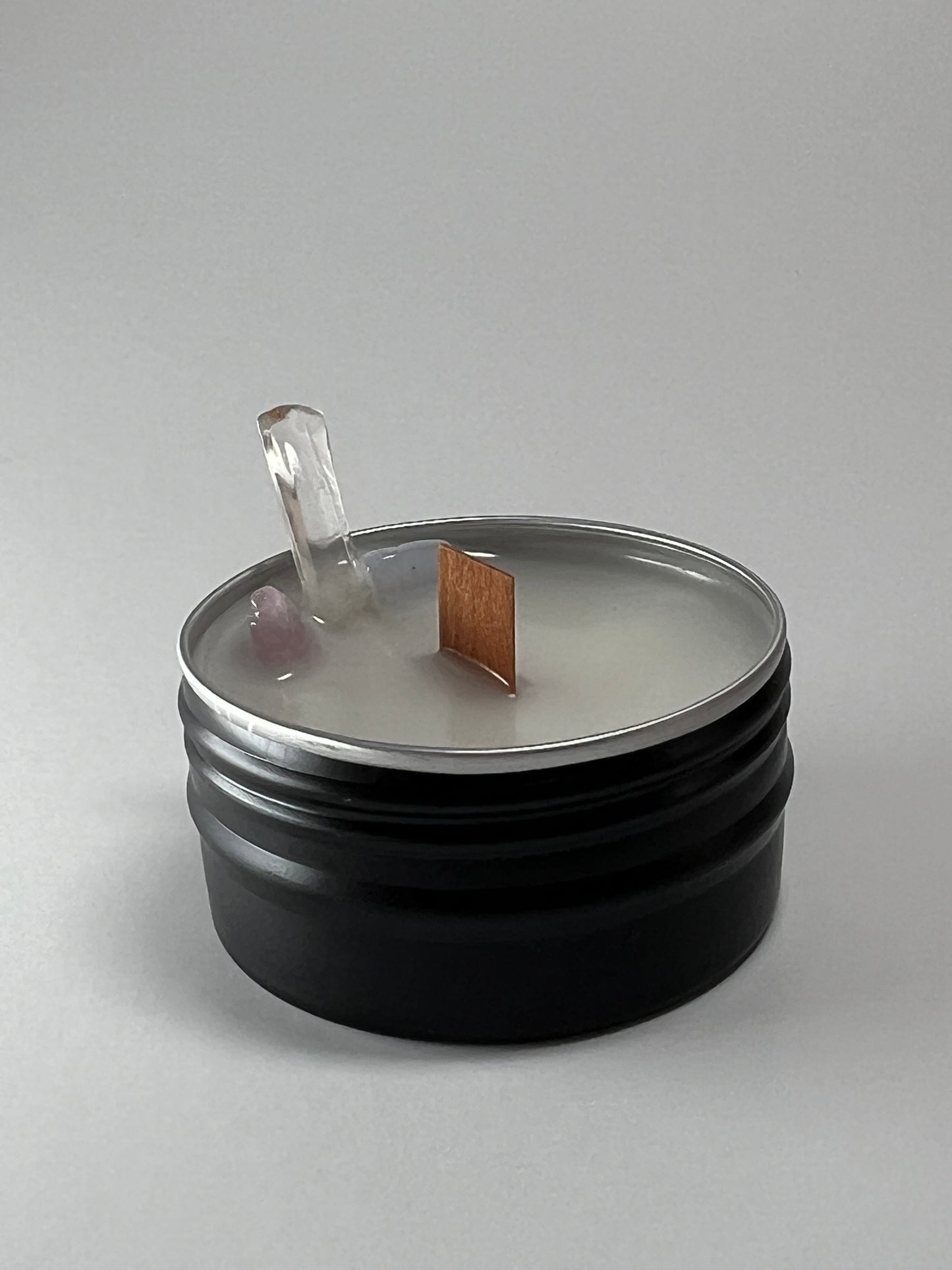 Mini Luxe Tin | 1 oz - Scent No. 4 | Nutmeg Noir | Black | Clear Quartz + Rose Quartz + Blue Lace Agate