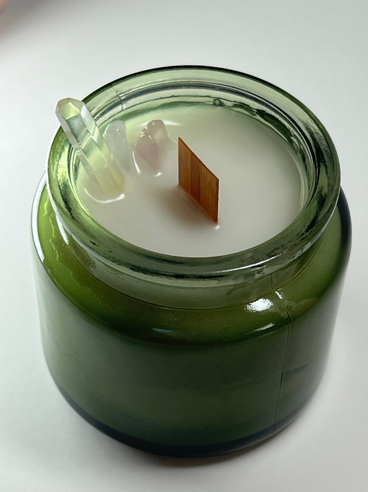 Glass Luxe | 3 oz - Scent No. 4 | Nutmeg Noir | Verdant | Clear Quartz + Rose Quartz + Blue Lace Agate